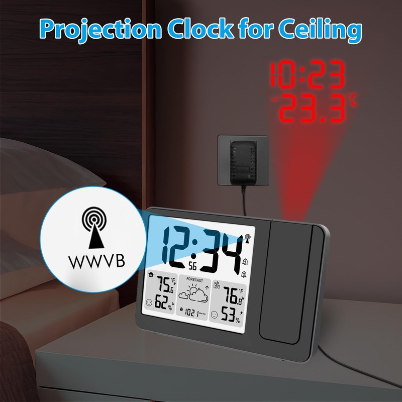 uzoli EM3539E Projection Alarm Clock, WWVB Atomic Projector Clock for