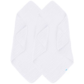 SWEET DOLPHIN Muslin Baby Bath Towels Blanket - 2 Pack 100% Cotton Towel for Babies, Infants, Toddlers - 40x40Inch - Highly Absorbent, White