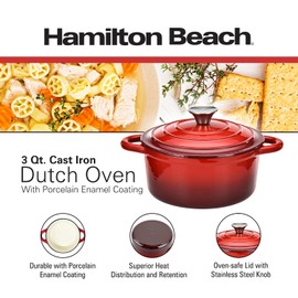 Hamilton Beach Enameled Cast Iron Dutch Oven Red (3-Quart) | Cream Enamel Coating Dutch Oven Pot with Lid | Cast Iron Dutch Oven with Even Heat Distribution | Easy Grip to Handles & Multipurpose