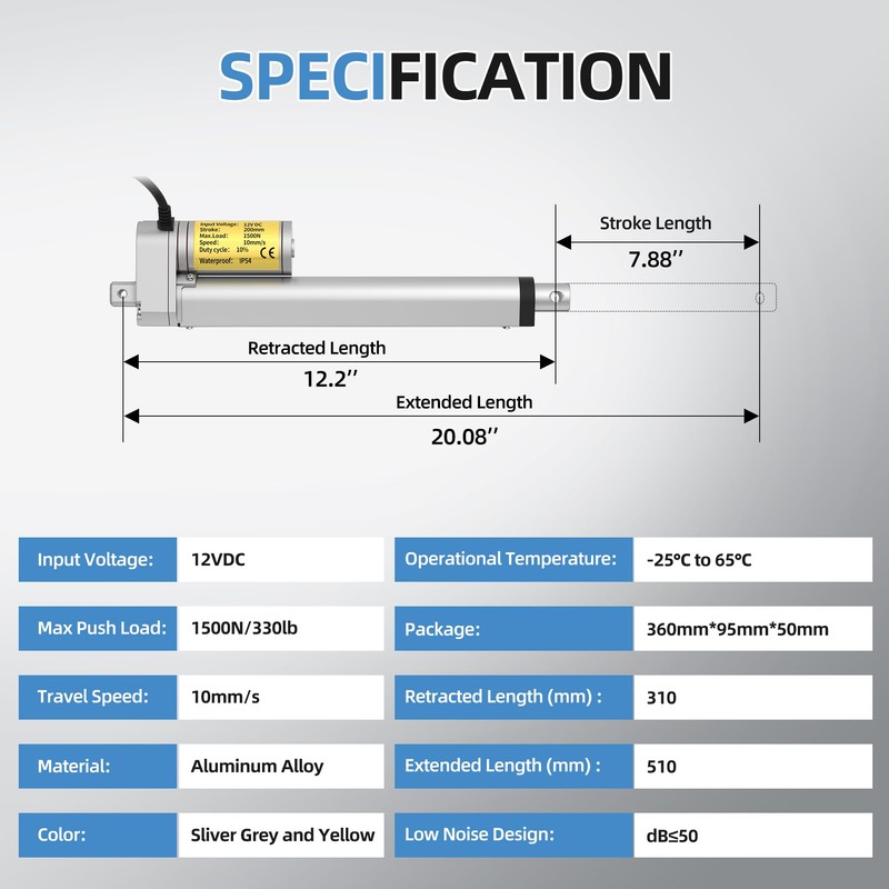 RVMARINEPAT 8 Inch 12v Linear Actuator, 330lb Thrust, High Speed