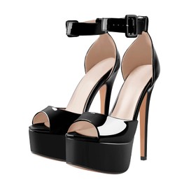 VERISSON Women's Stiletto Court Shoes Buckle Strappy Fashion Mary Jane High Heeled Peep Toe Platform Pumps Plain Black Heel Size 14