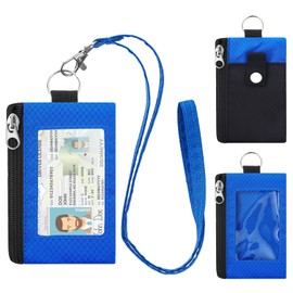 sundee Small Wallet with 2 Zipper Pockets for Women and Men, Water Resistant ID Case with Keychain and Card Holder, Coin Purse Badge Lanyard Pouch for Boys Girls Travel Sports Outdoor-Black+DarkBlue