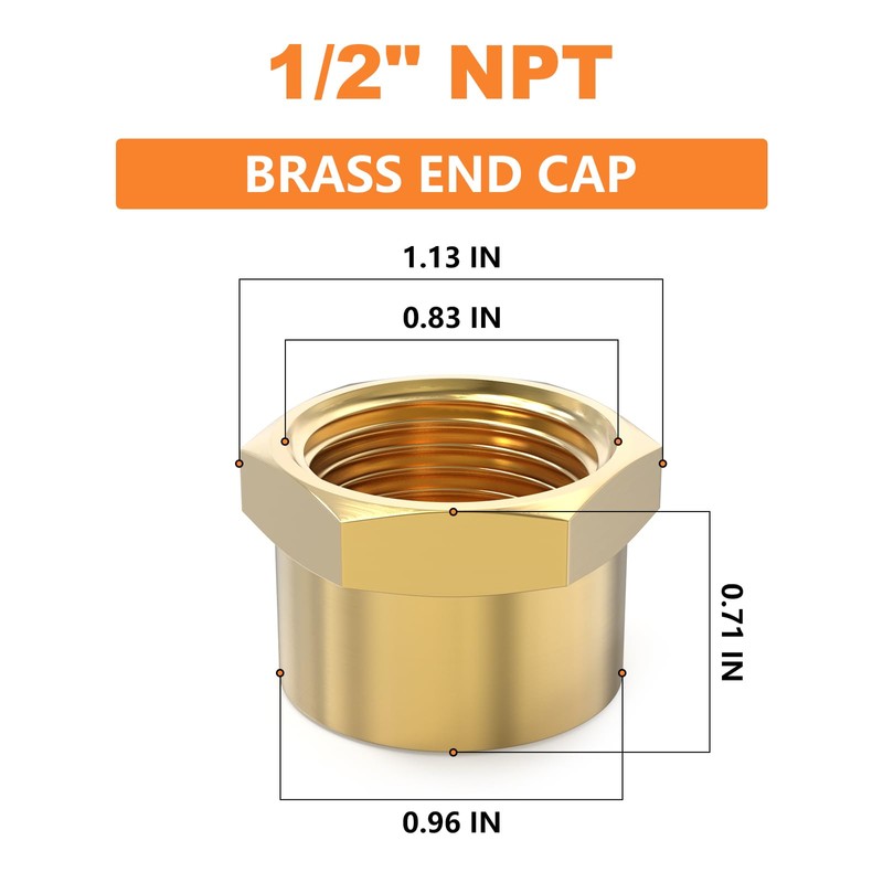 GASHER 1/2"NPT Brass Pipe Cap, NPT Female Thread Socket Pipe