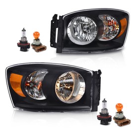 PIT66 Headlights w/Bulbs Left and Right Side Compatible with Dodge Ram 1500 Truck 2006-2008/Fits Dodge Ram 2500 3500 Truck 2006-2009,Clear Lens Black Housing Amber Reflector
