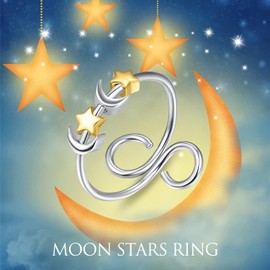 Moonstone/Heart/moon and star Ring925 Sterling Sliver Open Adjustable Beads Rotate Solid Rings Stackable Birthday Gift for Women Girls