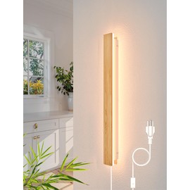 1 Pack Modern Plug in Long Wall Sconce 23.6‘’ LED Bamboo Wall Lights 18W Long Strip Indoor Wall Lamp 3000K with 6.5FT Plug in Cord and On/Off Switch on The Cord for Living Room Hallway Stairwell