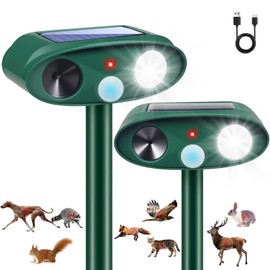 2025 2Pack Ultrasonic Animal Repellent Outdoor Deer Repellent Devices Solar Animal Repeller Motion Activated Deterrent with LED Flash Lights to Scare Skunk Squirrel Raccoon Cat Repellent Outdoor