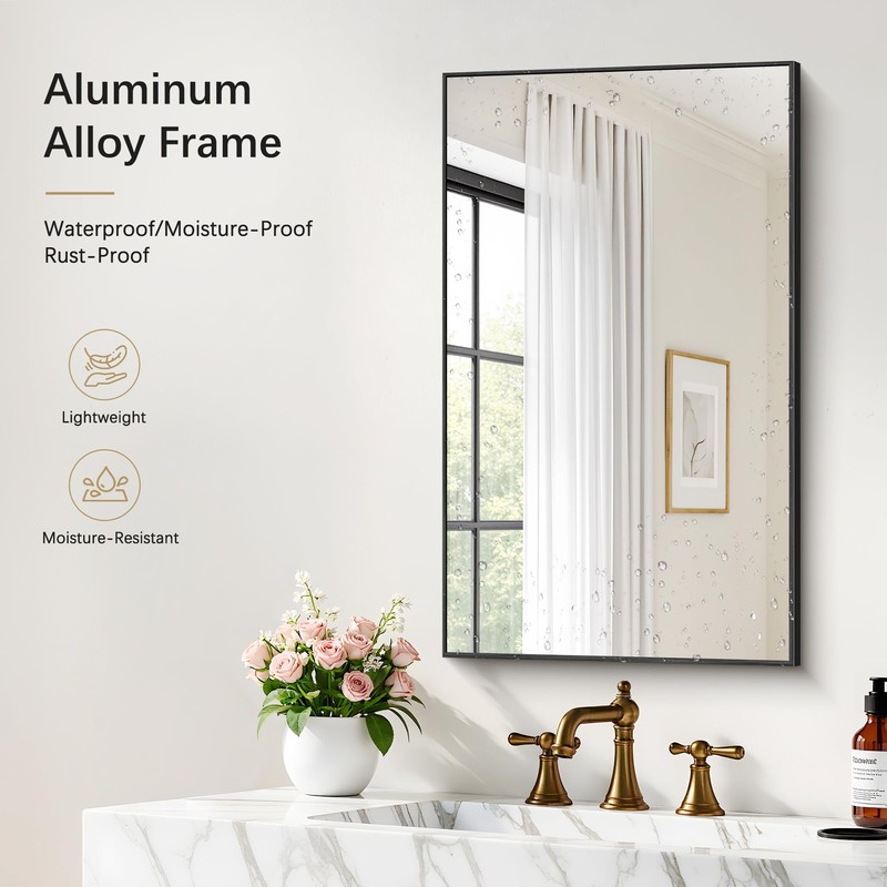 18" x 30" Bathroom Mirror, Black Metal Frame Wall Mirror