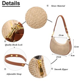 RTGGSEL Boho Summer Retro Women's Straw Rattan Beach Tote Bag Crossbody Shoulder Bags Hobo Underarm Handbag Straw Purse, Crescent Brown, Bohemian