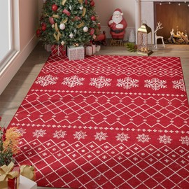 jinchan Christmas Area Rug 3x5 Red Xmas Snowflake Modern Rug Kitchen Rug Washable Non Slip Moroccan Carpet Holiday Decor Geometric Accent Soft Rug for Bathroom Bedroom Dining Room Living Room