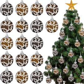 Simgoing 16 Pcs Cow Print Christmas Ball Ornaments 2.36 Inch Western Cow Christmas Tree Decoration Plastic Rustic Country Cowhide Printed Xmas Hanging Ornament for Tree Home Fireplace Party Decor