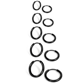 Small Black Hoop Earrings Leightweight: Hinged Huggie Hoop Earrings for Lobe Cartilage Helix Tiny Hoops Earrings in Black for Women Men (Set of 1-5 Pairs) (5 Pairs - 6mm/7mm/8mm/9mm/10mm, Black)