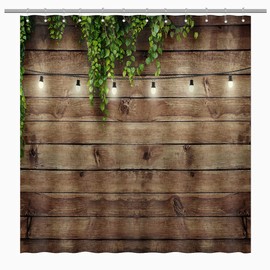 BIYSUC Rustic Wooden Board Shower Curtain Green Leaves on Farmhouse Vintage Wood Grunge Planks Barn House Door Country Life Waterproof Polyester Fabric 72x72 inchs with 12pcs Plastic Hooks