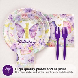 Grencian 96PCS Butterfly First Birthday Decorations Butterfly 1st Birthday Party Plates Disposable Butterfly Tableware Set for Baby Shower Butterfly One-Year-Old Birthday Party Supplies, Serves 24