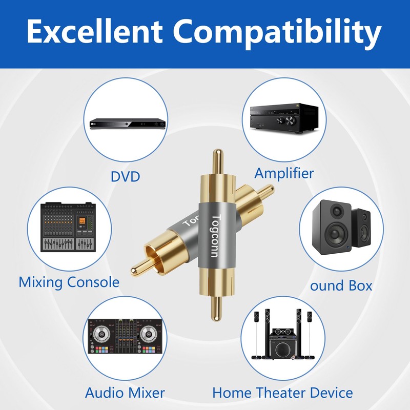 Togconn RCA Adapter 2 Pack,RCA Male to Male Pure Copper