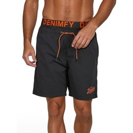 DENIMFY DFNeo Men's Long Swimming Trunks Double Waistband Swimming Trunks Shorts Print Black Blue Orange S M L XL XXL 3XL 4XL 5XL, Black-shiny orange