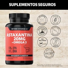 Beyond Vitamins Astaxantina 20mg de Haematococcus pluvialis + Omega 3 EPA/DHA | 176mg EPA + 117mg DHA | Extracto Natural de Oleorresina, Aceite de Pes