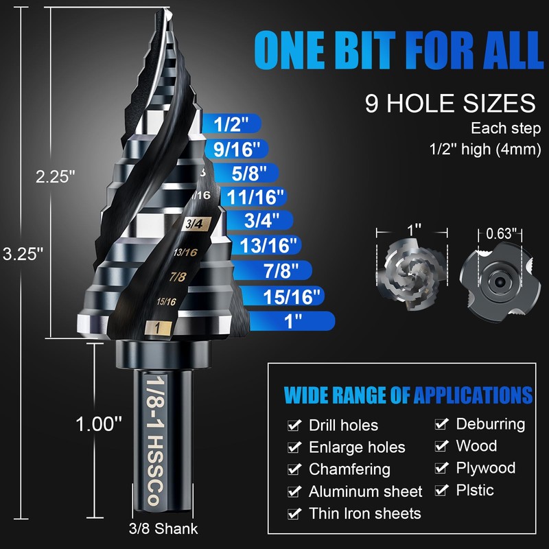 Four Spiral Flute M35 Step Drill Bit Set 1/8"-1"(9 Sizes),