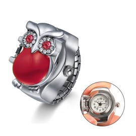 JewelryWe Women Men Finger Watch Stylish Owl Flip-Open Cover Quartz Analog Ring Watches, Adjustable Size