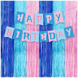 7 Pcs Cartoon Birthday Party Decorations,Blue and Pink Foil Fringe Curtains and Banners, Animated Themed Photo Booth Props,Photo Backdrops