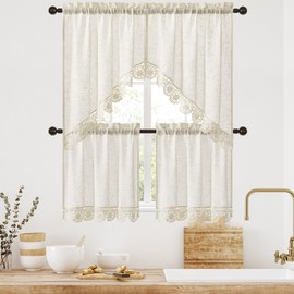 Gibelle Beige Boho Swag Kitchen Curtains 38 Inch Length, 2 Panels Modern Farmhouse Short Cafe Curtains, Linen Small Tier Curtain for RV/Bathroom/Basement/Laundry Room