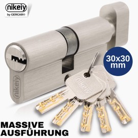 GERCAR Pro Knob Cylinder 30/30 Solid Lock Cylinder with Knob Cylinder Lock Door Lock - Matt Nickel-Plated Brass - Includes 5 Keys - Reversible Key - Length: 60 mm, A:30 B:30-1x