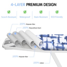 Ironing Board Cover and pad - 15 x 54 Thick Padding 4 Layers with 2" Elastic, Stain Resistant & Durable Scorch, 2 Click Buckles for Smooth Iron/Easy Installation in Laundry Room, Blue Brushstrokes