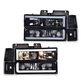 G-PLUS LED DRL Headlights Assembly & Bumper Corner Lamps Fit For 1994-1999 GMC C/K1500 2500 Yukon Suburban/1994-2000 C2500 C3500 K2500 K3500 Headlamps,Smoky lens Black Housing Clear Reflector