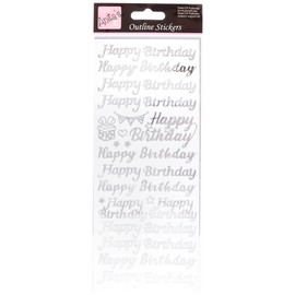 Anitas Outline Stickers, Happy Birthday, Silver on White, For Scrapbooking, Card Making, Kids Play, Homework, Art, Craft, Embelish, Decorative, Paper, Card, Glass, Metal, Plastic, Foam