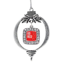 Inspired Silver - Go Red Heart Disease Awareness Charm Ornament - Silver Square Charm Holiday Ornaments with Cubic Zirconia Jewelry