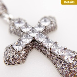 ZeaLian Zirconia Cross Hip Hop Iced Out White Crystal Cross Pendant Silver Plated Fashion Necklace Jewelry Gemstone with Stainless Steel Cuban Chain for Men Women(White)