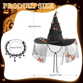 Erythem Witch Hat for Women, Wide Brim Butterfly Witches Hat with Veil for Halloween Costume Party Masquerade Carnival
