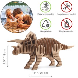 Cottify Triceratops 3D Cardboard Puzzle - Fun 3D Puzzles for Adults & Kids, Easy 66-Piece Dinosaur 3D Puzzle, Eco-Friendly, No Scissors or Glue Needed, Size 11"x7.5", Perfect Sustainable Gift