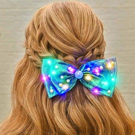 CAKURE Light Up Hair Bow Clips Pearl Bow Hair Barrette Led Mermaid Hair Accessories for Women and Girls (g-purple green)