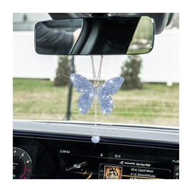 XINLIYA Bling Butterfly Diamond Car Accessories, Crystal Car Rear View Mirror Charms for Women, Car Decoration Lucky Gifts Hanging Interior Crystal Ornament Pendant Decor for All Cars （Light Blue）