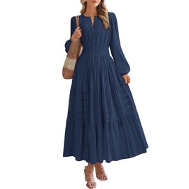 BTFBM Fall Dresses for Women 2025 Casual Long Sleeve V Neck Elastic Waist Lightweight Maxi Wedding Guest Dress Pockets(Navy, XX-Large)