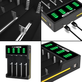 PowerTrust LED 4-Slots Universal Battery Charger for 18650 26650 22650 21700 20700 18500 18350 17670 17500 16340(RCR123) 14500 14430 10440 AA AAA AAAA Rechargeable Batteries