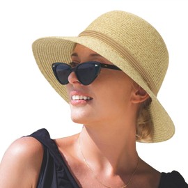 Comhats Sun Hats for Womens, Ladies Summer Sun Protection Beach Straw Hats UPF 50 Wide Brim Packable Adjustable Beige Medium