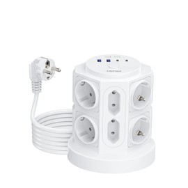 Steckdosenturm mit 4 USB(3680W/16A), 12-Fach Mehrfachsteckdose, Steckdosenleiste mit Überspannungsschutz 1050J, 2 m Verlängerungskabel, Steckerleiste mit Schalter für Zuhause, Büro, Reise, Weiß