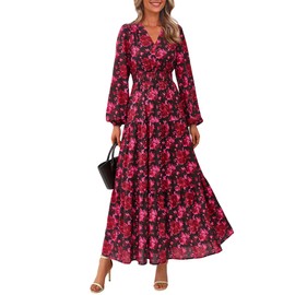 PRETTYGARDEN Long Sleeve Maxi Fall Dresses for Women 2025 Vneck Smocked Boho Floral Tiered Swing Flowy Wedding Guest Dress (Floral Red,Medium)