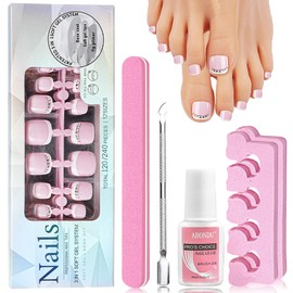 120 Stück Fussnägel zum Kleben Rosa French Kurze Square with Rhinestones, Full Cover Französisch Kurze Fußnägel Tips mit Acryl Diamond, Fußnägel zum Aufkleben für Frauen mit Kleber (Rosa, 120 pcs)