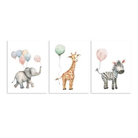 3 Panels Watercolor Safari Animals Nursery Wall Art, Wild Jungle Animals Elephant Zebra Giraffe with Balloons whimsical Kids Room Canvas Picture, Neutral Boys Girls Decorations Toddlers Bedroom Playroom Decor