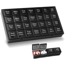 Extra Large Pill Box Organiser - BiaoGan XL 7 Day 4 Times A Day Monthly Pill Dispenser - 28 Compartments Weekly Pill Case Container for Medication Vitamins and Supplements, Black