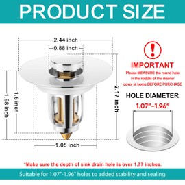 Herogo Universal Bathroom Sink Drain Stopper for Vessel Sink Lavatory Vanity Holes, Pop-Up Basin Brass Bounce Core Bathtub Stopper Sink Drain Strainer Cover with Basket Hair Catcher Filter, Silver