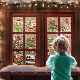 Christmas Decorations - 6 Sheet Christmas Snowflake Window Clings Stickers for Glass, Xmas Decals Snowflake Santa Claus Reindeer Decals, Double-Side Reusable Winter Holiday Window Stickers Home Decor