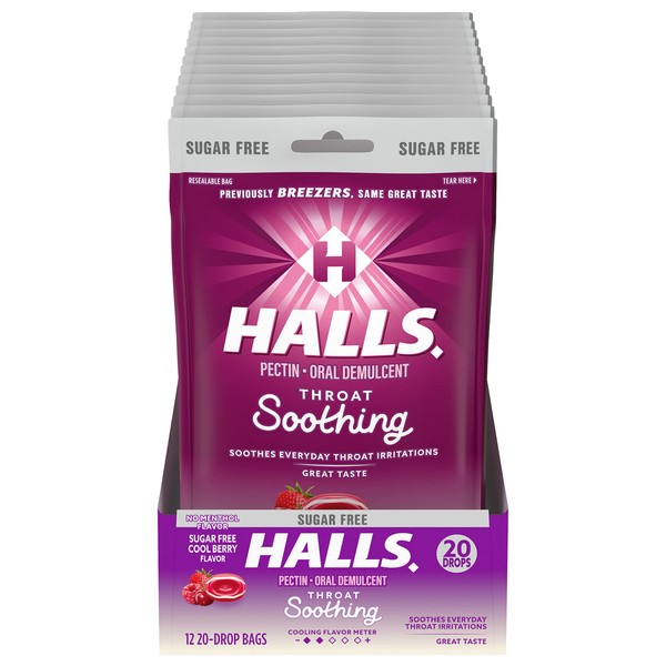 HALLS Throat Soothing (Formerly HALLS Breezers) Cool Berry Sugar Free Throat Drops, 12 Packs of 20 Drops (240 Total Drops)