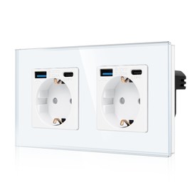 CNBINGO Double Socket with 4 x USB Ports (20 W Quick Charge) - 2 x (Type C and USB-A) - Double Glass Schuko Socket Flush-Mounted - White Wall Socket with Child Lock