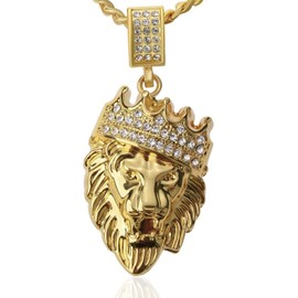 Hip Hop Jewelry Gold Crown Lion Head Pendant Iced Out Clear Rhinestones – Diamonds Prong Set - Curb Cuban Chain Stainless Steel Necklace (styleA)