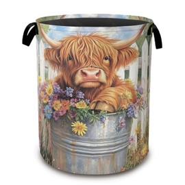 Laundry Basket,Highland Cow Collapsible Laundry Baskets,Color Flowers Waterproof Oxford Hamper with Handles for Bathroom Bedroom Nursery Home Storage 16"x20"