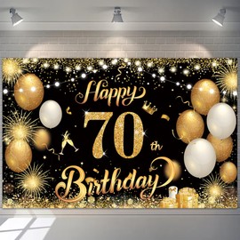 Happy 70th Birthday Banner Gold 1.1 x 1.8m Happy Birthday Banners Backdrop Black Gold, 70th birthday decoration for Women Men, 70 Years Old Anniversary Party Supplies